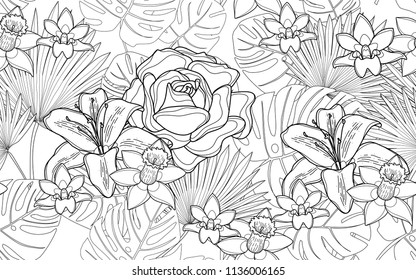 Roses, hawaiian flowers and monstera leaves. Big leaves and exotic flowers composition. Vector illustration. Botanical seamless wallpaper. Digital nature art. Cartoon style sketch. White background.