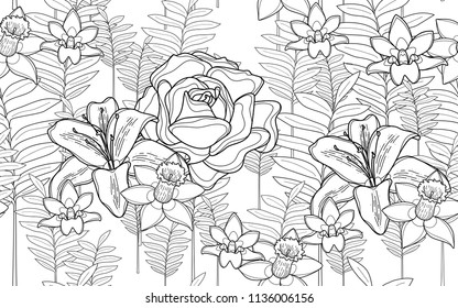 Roses and hawaiian flowers with tumeric leaves.Big leaves and exotic flowers composition. Vector illustration. Botanical seamless wallpaper. Digital nature art. Cartoon style sketch. White background.