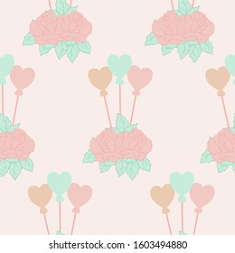 roses and heart balloons in a seamless pattern design, perfect to use on the web or in print for surface design
