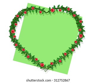 Roses heart frame  with green note paper isolated on white background. Vector illustration 
