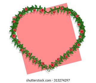 Roses heart frame with pink note paper isolated on white background. Vector illustration
