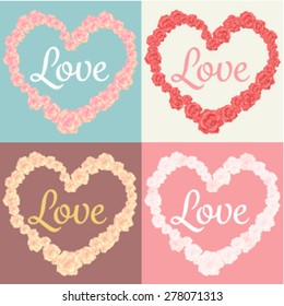 roses in heart shape and love text cards set