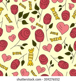 roses, hearts and candy vector seamless pattern