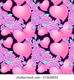 Roses and Hearts seamless pattern. St Valentine's day festive design isolated on black background. EPS 10 vector illustration