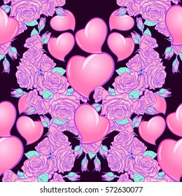 Roses and Hearts seamless pattern. St Valentine's day festive design isolated on black background. EPS 10 vector illustration