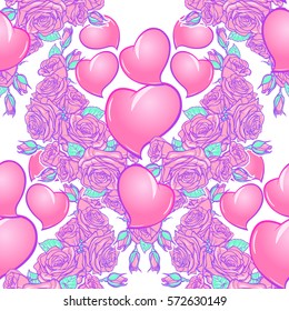 Roses and Hearts seamless pattern. St Valentine's day festive design isolated on white background.. EPS 10 vector illustration