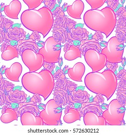 Roses and Hearts seamless pattern. St Valentine's day festive design isolated on white background.. EPS 10 vector illustration