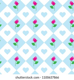Roses and hearts vector seamless background - pattern for continuous replicate in light blue, magenta and green colors. Can be used for fabric, wallpaper, printing works. 