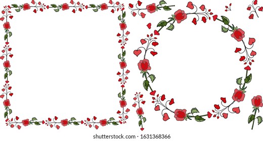 Roses and hearts - Vector seamless frames with roses and abstract patterns