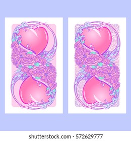 Roses hearts water swirls and snakes arranged in an intricate pattern. St Valentine's day festive design isolated on white background. Tattoo or wedding decoration vertical banners set. EPS 10 vector