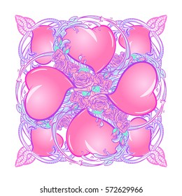 Roses hearts water swirls and snakes arranged in an intricate square pattern. St Valentine's day festive design isolated on white background. Tattoo or wedding decoration design element. EPS 10 vector