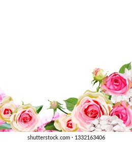 Roses and hydrangea flowers with leaves . Isolated floral object on white background. Vector illustration. 