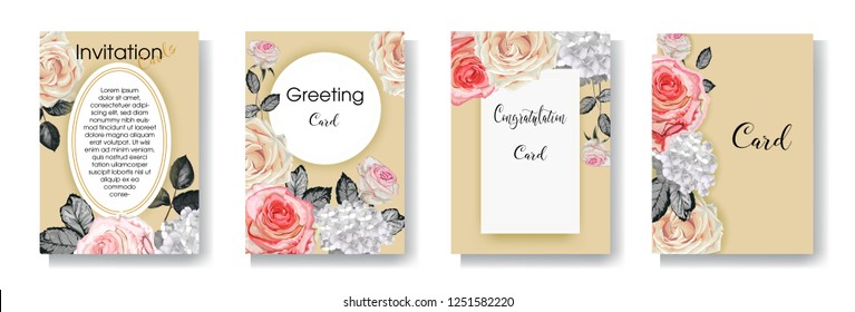 Roses and hydrangea flowers on white background. Romantic design for  greeting card or wedding invitation and can be use as banner ,perfume,cosmetic  or natural products 