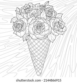 Roses in ice cream cone.Coloring book antistress for children and adults. Illustration isolated on white background.Zen-tangle style. Hand draw