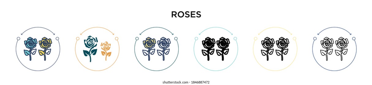 Roses icon in filled, thin line, outline and stroke style. Vector illustration of two colored and black roses vector icons designs can be used for mobile, ui, web