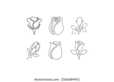 Roses icon set flat black . Black and white rose. Flowers silhouette icons. Rose silhouette set on a white background. Vector illustration. Set of rose silhouettes design elements.