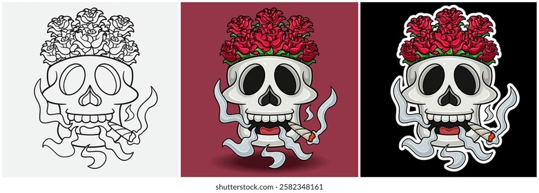 Roses Inside Skull Head With Smoking Character Cartoon. Black White, Colorful and Sticker Style. For T shirt print, Brand Logo, Label and Mascot product. Vectors Illustrations