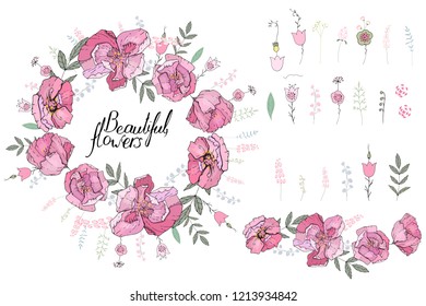 Roses isolated on white. Decor ative elements and  border made of roses and stylized herbs