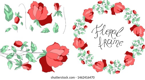 Roses isolated on white. Decor and border of roses and stylized leaves