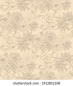 Roses, kalas, curly leaves and plants. Seamless pattern with hand drawn vector outline illustrations on floral theme