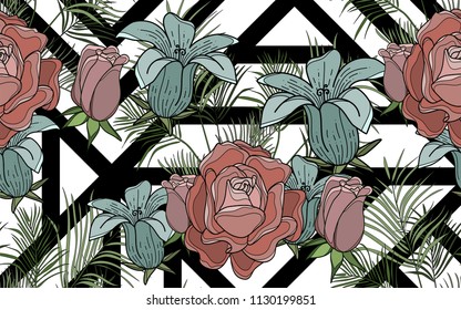 Roses and kentia leaves. Palm leaves and exotic flowers composition. Vector illustration. Botanical seamless background. Digital nature art.