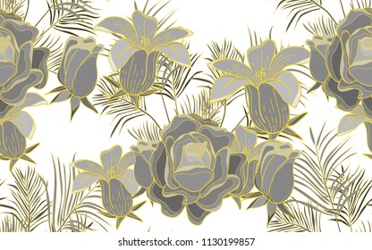 Roses and kentia leaves. Palm leaves and exotic flowers composition. Vector illustration. Botanical seamless background. Digital nature art.