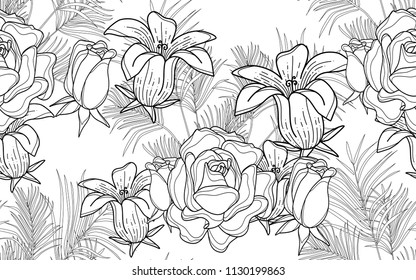 Roses and kentia leaves. Palm leaves and exotic flowers composition. Vector illustration. Botanical seamless background. Digital nature art.