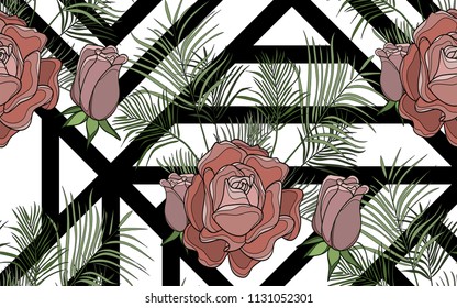 Roses and kentia leaves. Palm leaves and exotic flowers composition. Vector illustration. Botanical seamless background. Digital nature art.