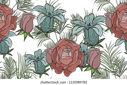 Roses and kentia leaves. Palm leaves and exotic flowers composition. Vector illustration. Botanical seamless background. Digital nature art.