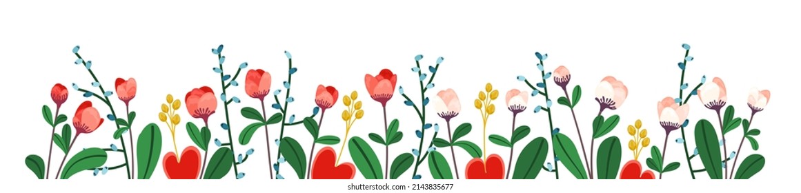 Roses. Large floral banner with different bright flowers. Rich flowery meadow. Design elements for decoration. Vector graphics