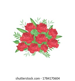 roses and leaves bouquet icon over white background, detailed style, vector illustration