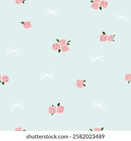 roses with leaves and bows  seamless pattern , vector , illustration