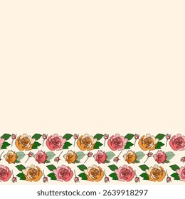 Roses With Leaves and Buds. Red and Pink Flowers on Yellow Background. Vector Horizontal Ribbon