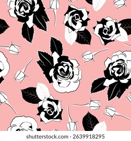 Roses With Leaves and Buds Silhouettes. Black and White Flowers on Rose Background. Vector Seamless Pattern