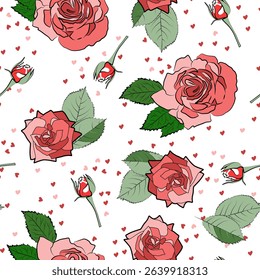Roses With Leaves and Buds With Small Heart. Red Flowers on Red Background. Vector Seamless Pattern