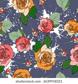 Roses With Leaves and Buds With White Splashes. Red and Orange Flowers on Purple Background. Vector Seamless Pattern