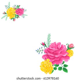 Roses with leaves and budson the white background.Vector illustration with pink and yellow flowers.Greeting card for mother's day, birthday,anniversary, wedding and other holidays.