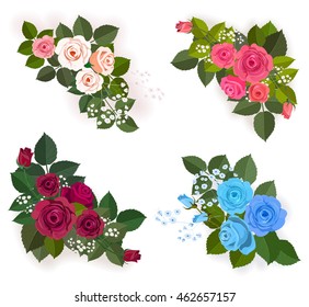 Roses and leaves corner elements. Floral elemrnts for design greeting card, border and frame.