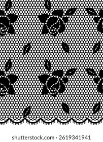 Roses and leaves are depicted on a dotted lace background with a scalloped border.  Floral elements are arranged in a repeating grid against a textured textile backdrop. Cartoon vector illustration