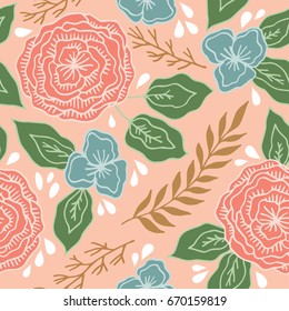 Roses with leaves and drops on a pink background for tissue or wrapping paper. Vector Image