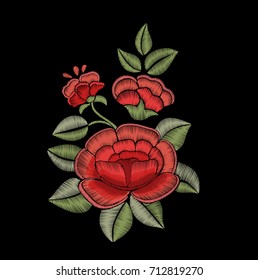 Roses and leaves. Embroidered decorative element. Red flowers. Vector floral print.