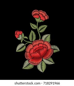 Roses and leaves. Embroidery. Design element of flowers. Vector floral print.