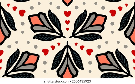 Roses, Leaves and Hearts - Geometric Pattern (Cream, Black, Gray, Green, Red, Peach) - Repeating Vector Image; Easily Editable; Endless Design; Colorful lIlustration. Print for Gift Paper, Packaging