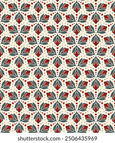 Rosas, hojas y corazones - patrón geométrico (crema, melocotón, verde, rojo, gris) - Imagen de Vector de repetición; Fácilmente editable; Diseño sin fin; Ilustración colorida. Impresión para papel de regalo, embalaje, etc.