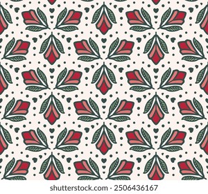 Rosen, Blätter und Herzen - Geometrisches Muster (grün, creme, rosa, rot) - wiederholtes Vektorbild; Leicht editierbar; Endloses Design; Farbige Illustration. Druck für Geschenkpapier, Verpackungen usw.