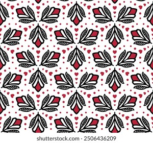 Rosas, hojas y corazones - patrón geométrico (blanco, negro, rojo) - Imagen de Vector de repetición; Fácilmente editable; Diseño sin fin; Ilustración colorida. Impresión para papel de regalo, embalaje, etc.