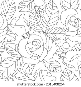 Rosas con hojas sobre fondo blanco. Arte de línea, patrón vectorial sin foco