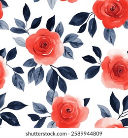 Roses and leaves, on a white background, watercolor seamless pattern , flower seamless pattern , doodle summer,  kids and baby designs for use as fabric or paper.