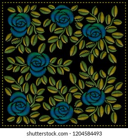 roses and leaves original embroidery on a black background