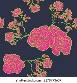 Roses with leaves pattern for fabric print, background decoration, paper ornament, wallpaper. Floral, garden, botanical, theme. Romantic, elegant hand drawn illustration. Vintage style vector drawing.